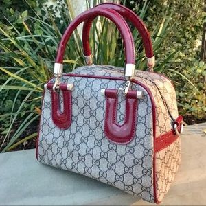 Signature print purse satchel handbag red gray